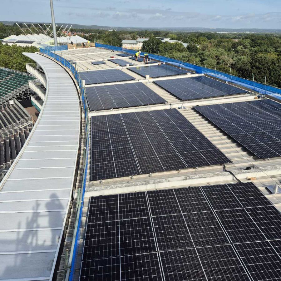 Solar panels installed on a sports stadium or training ground roof
