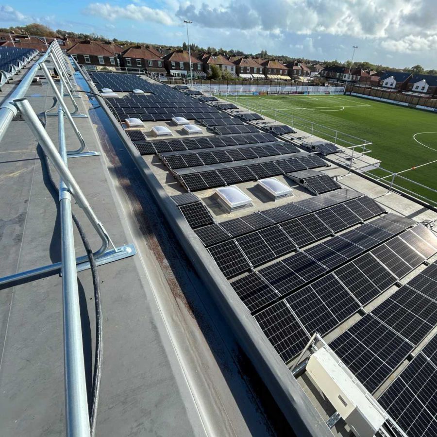 Solar panels installed on a sports venue supported by grant funding