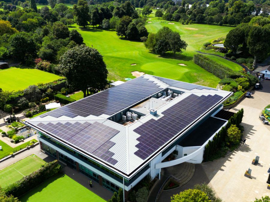 Sports & Leisure building with solar panels showing cost-saving renewable energy solution with no upfront investment